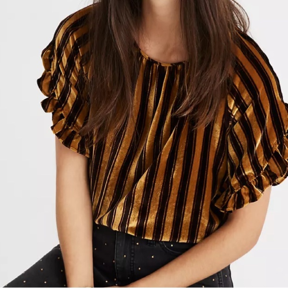 NWT Madewell Memento Gold & Brown Stripe Velvet Ruffle Blouse Small